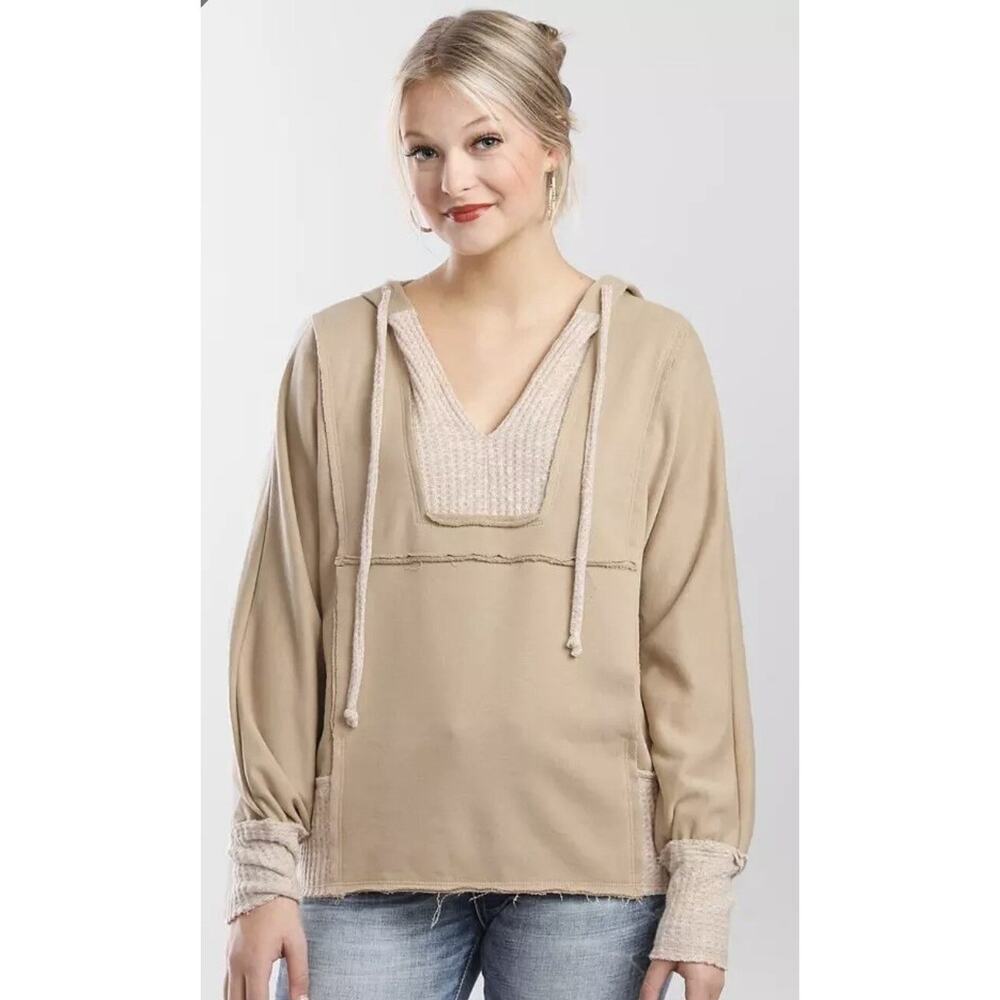 Buckle BKE Waffle Knit Hoodie Drawstring V-Neck‎ In Taupe/Beige Size Medium